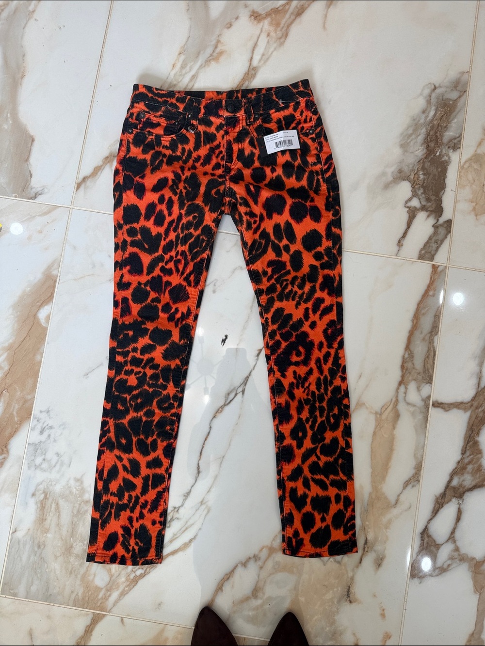 R13 Black and Orange Leopard-Print Skinny Jeans